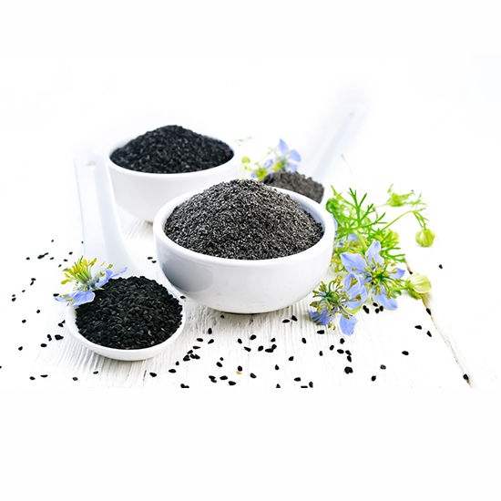 Flour seeds black caraway bowls sprigs kalingini with blue flowers green leaves wooden board background 423299 1798 copy